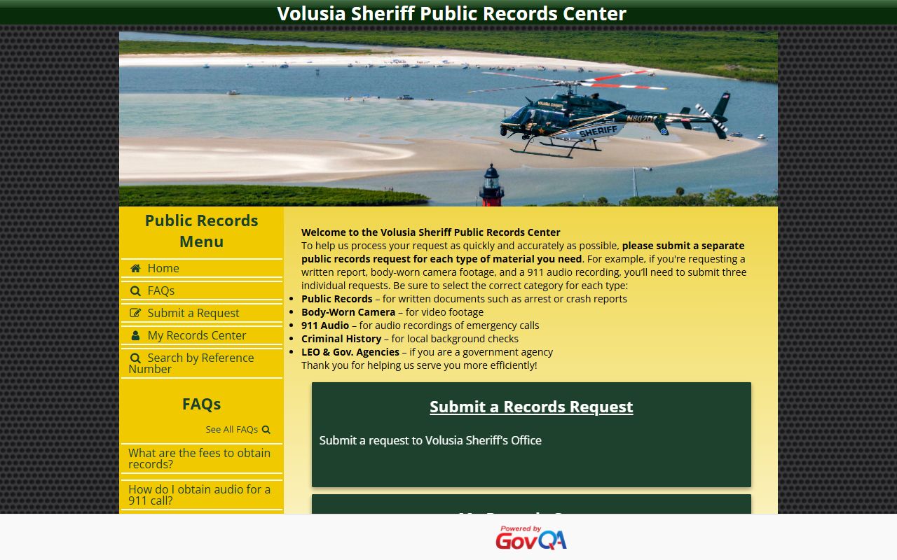 Volusia County Sheriff's Office GovQA public records portal