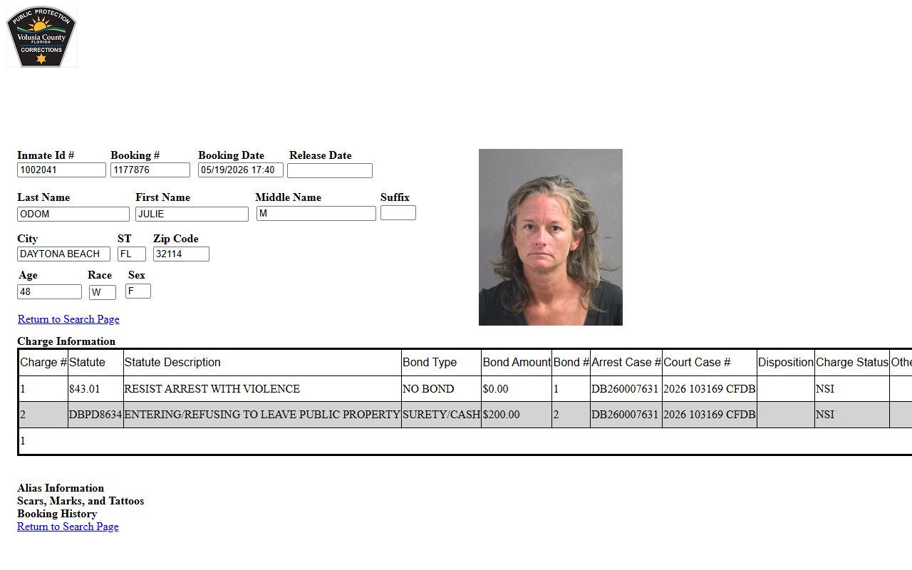 Sample Volusia County inmate profile showing booking number, charges, bond amount, and mugshot