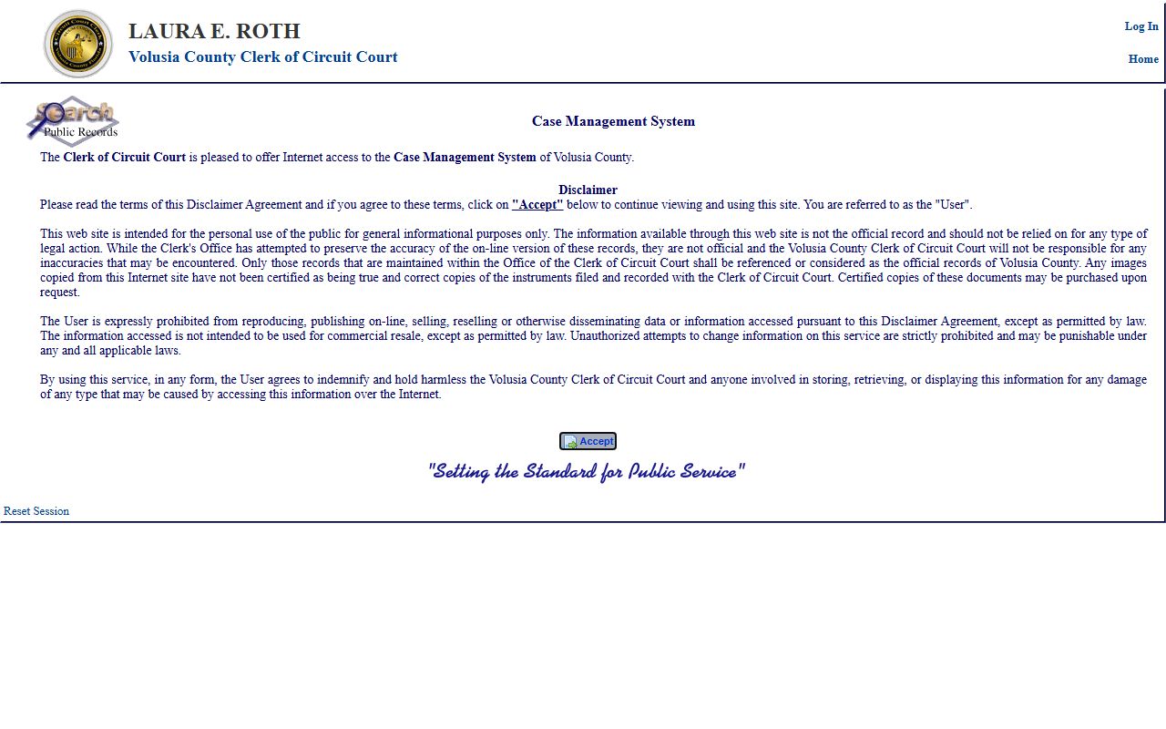 Volusia County case docket portal in the Clerk Case Management System showing case inquiry search