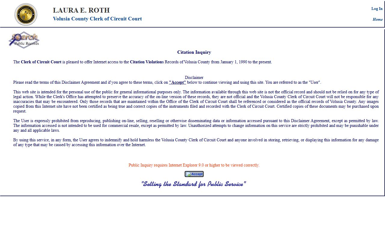 Volusia County Court Citation Inquiry portal for traffic and non-criminal violations