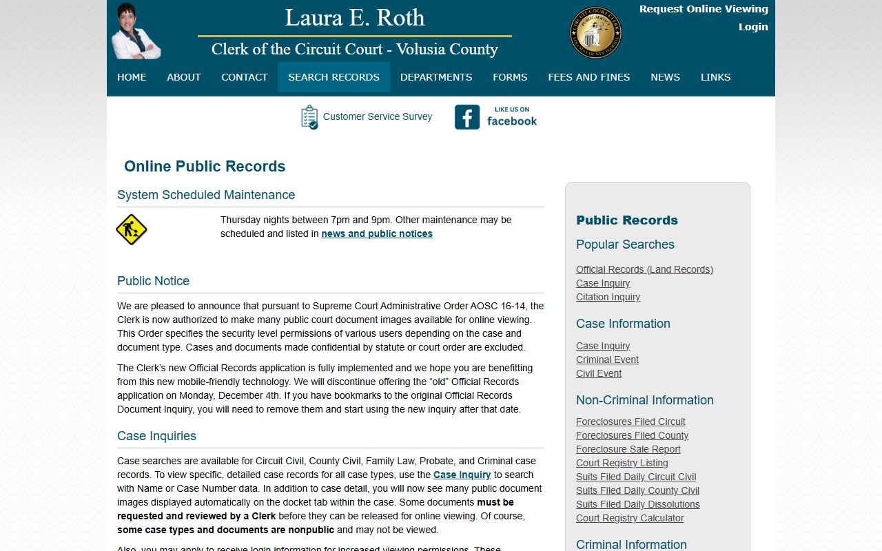 Volusia County Clerk of the Circuit Court records search hub page