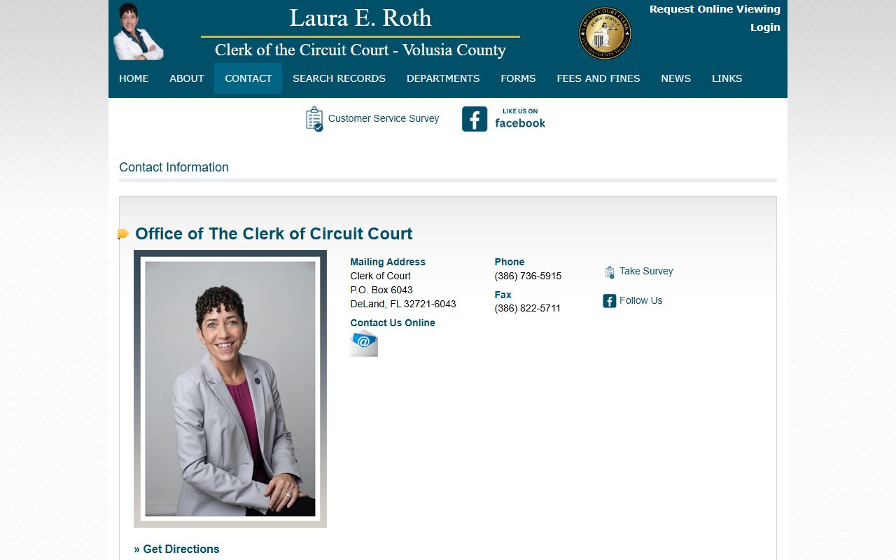 Volusia County Clerk of the Circuit Court contact page showing office locations and departments