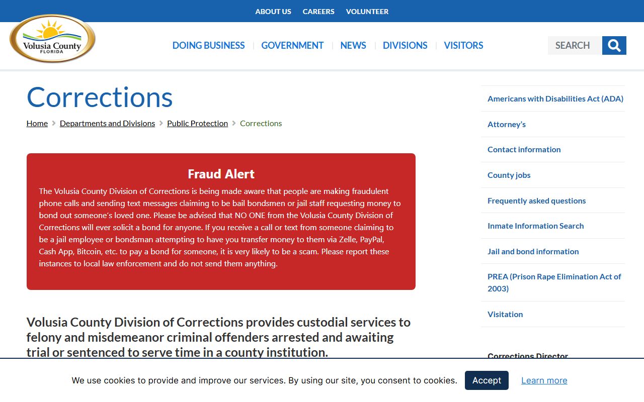 Volusia County Division of Corrections inmate search page for jail and inmate records