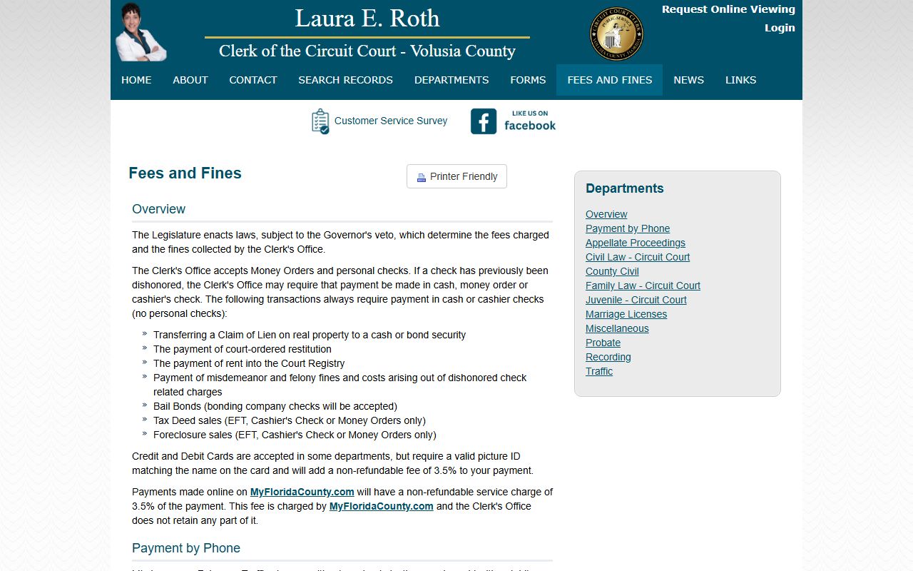 Volusia County Clerk fee schedule page showing court record copy and certification costs
