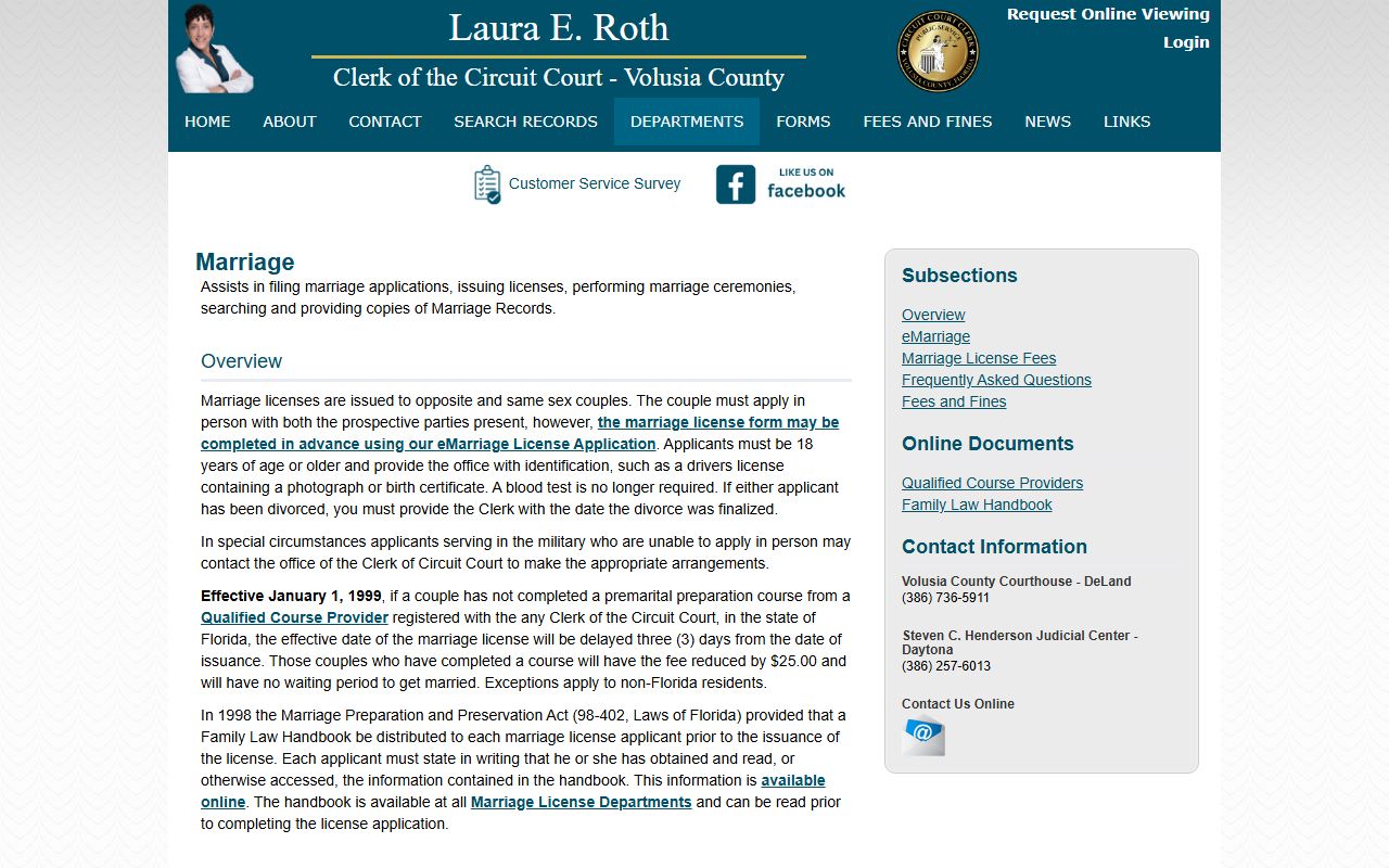 Volusia County marriage records page on the Clerk of the Circuit Court website