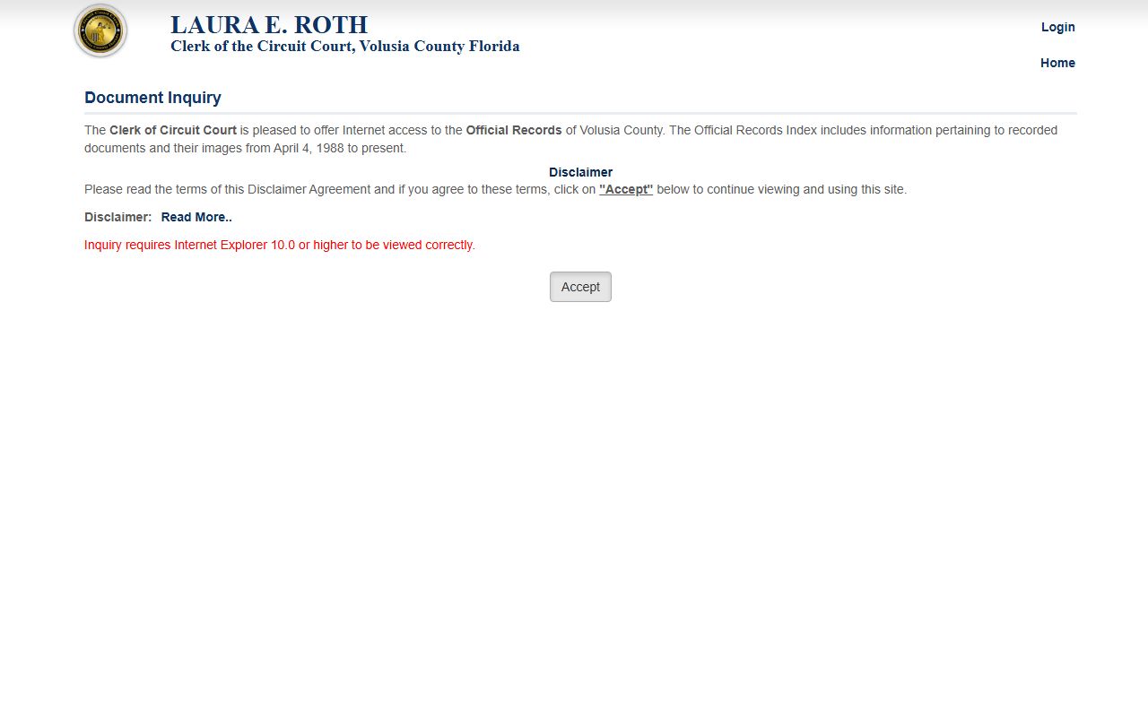 Volusia County Official Records inquiry portal on the Clerk of the Circuit Court website