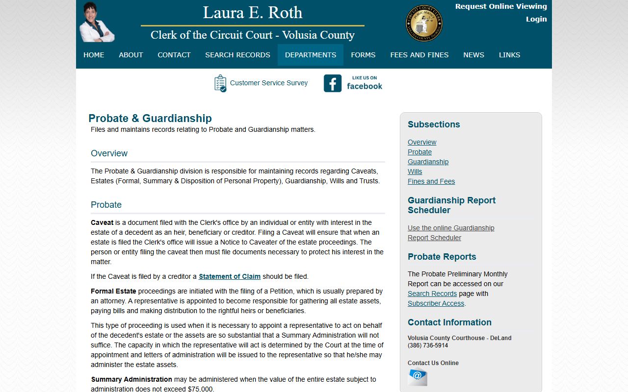 Volusia County probate records and guardianship division page on the Clerk of the Circuit Court website