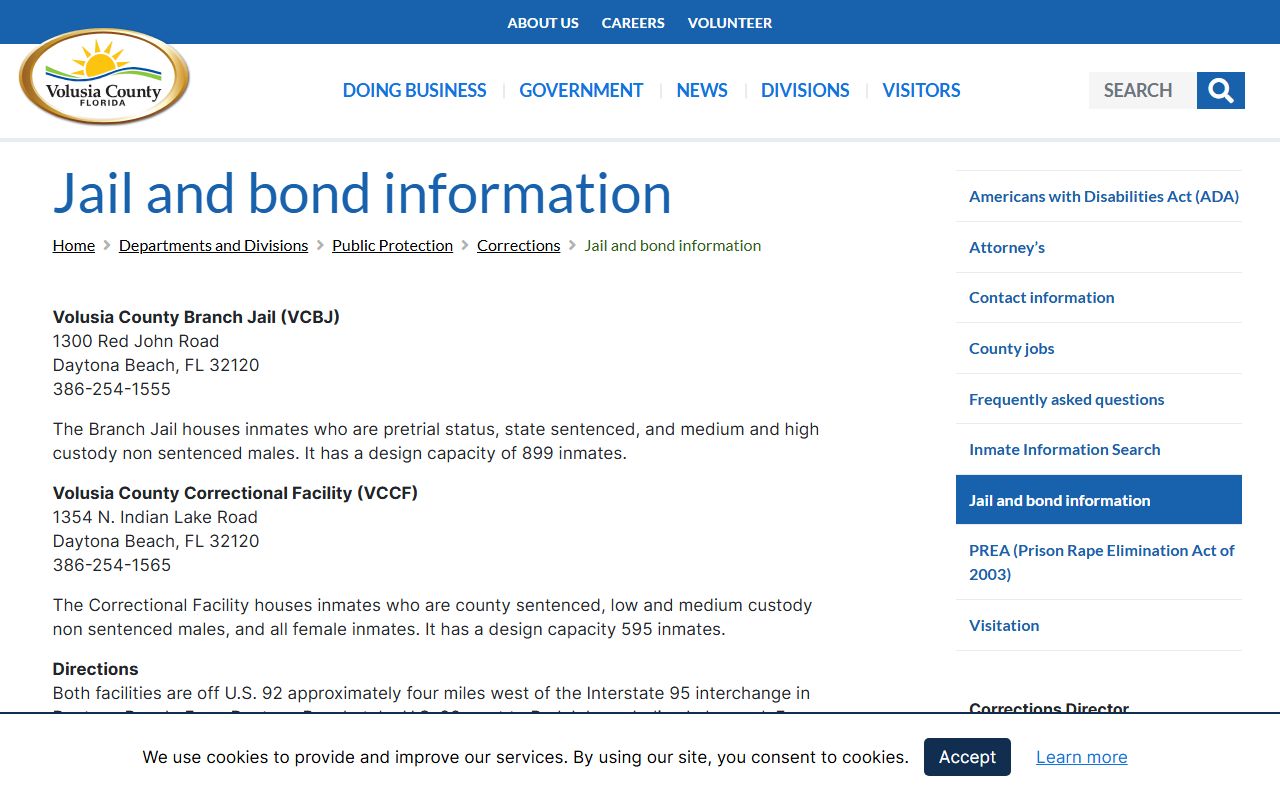 Volusia County jail and bond information page showing Branch Jail contact details and bond posting instructions