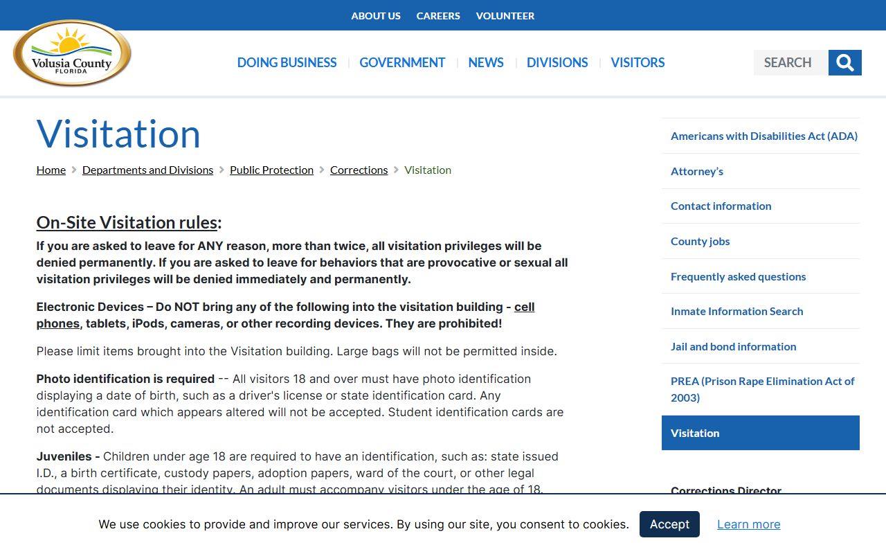 Volusia County jail visitation page showing appointment schedule and visitor rules for inmate visits