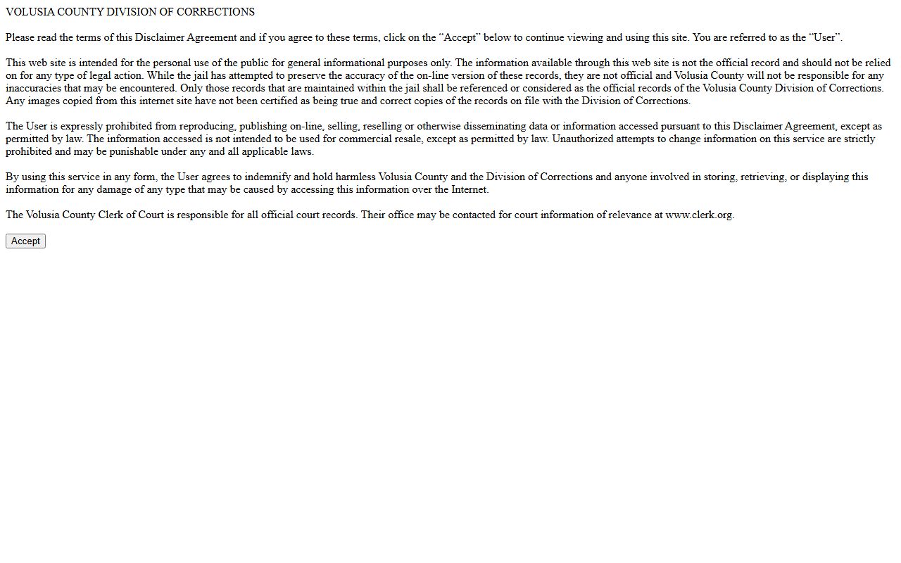 Volusia County inmate inquiry portal at volusiamug.vcgov.org showing the jail roster search form