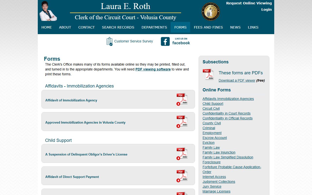 Volusia County Clerk forms page listing marriage and divorce record request forms