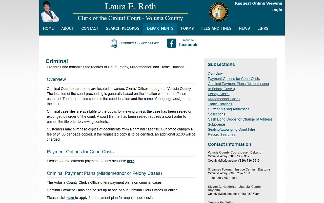 Volusia County criminal records page on the Clerk of the Circuit Court website