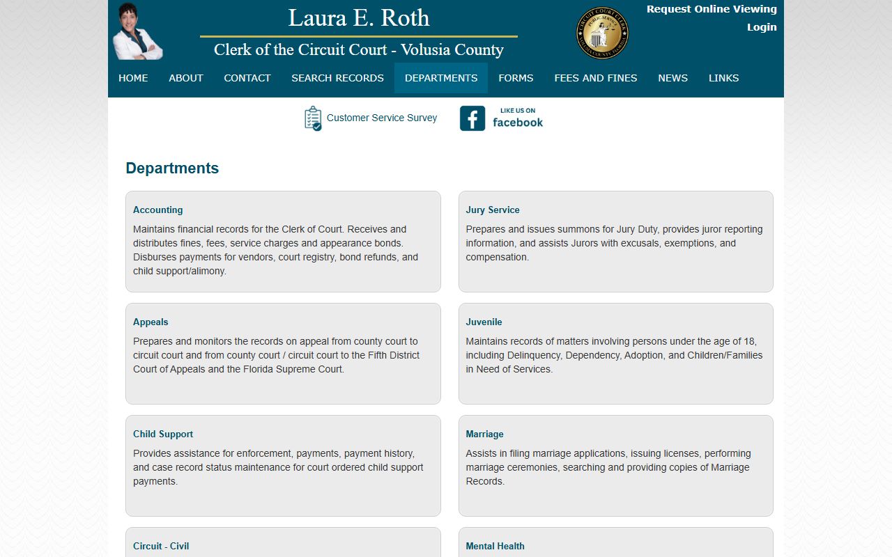 Volusia County Clerk of the Circuit Court departments page listing all office divisions