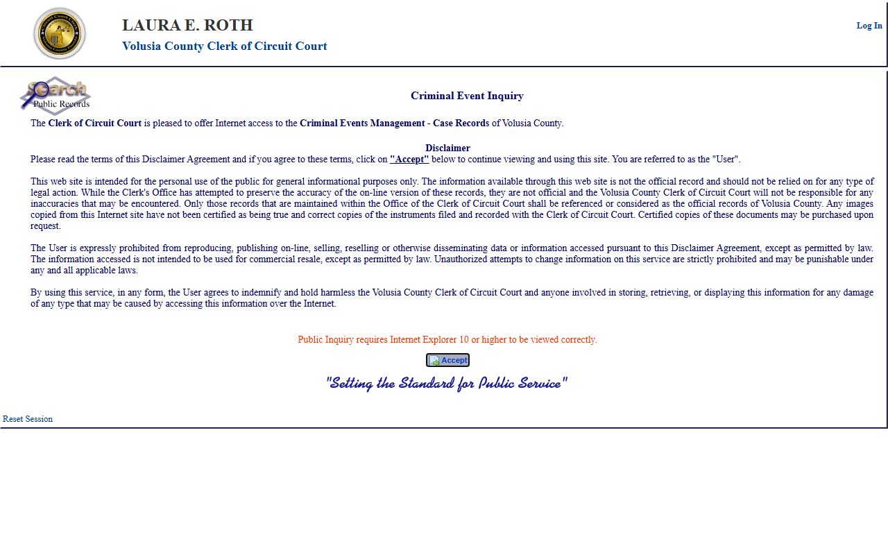 Volusia County criminal event docket inquiry portal showing the Criminal Event search form
