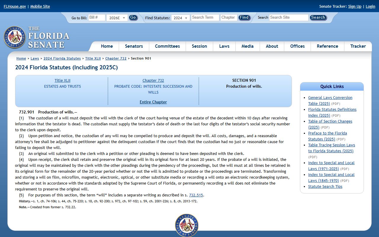 Florida Statute 732.901 will-deposit requirement on the Florida Senate statutes website
