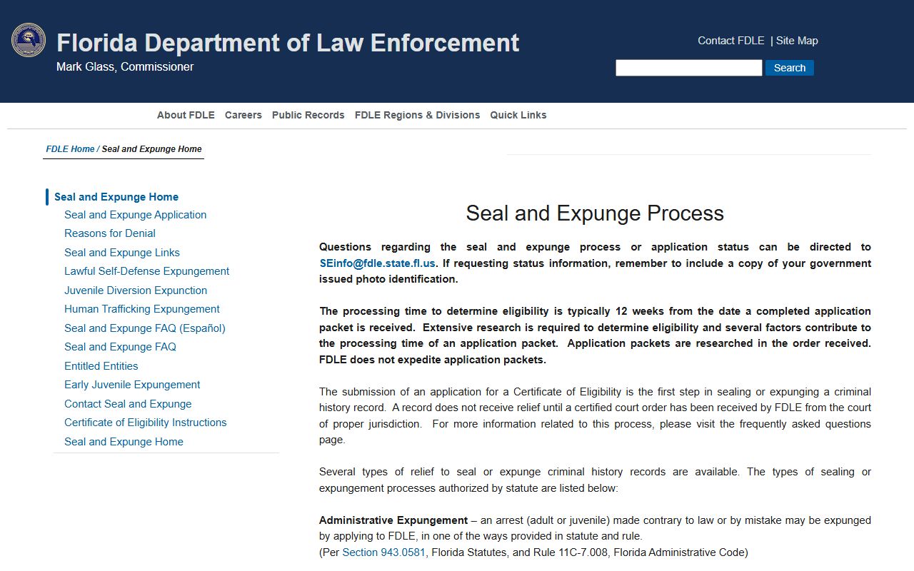 FDLE seal and expunge process page for Volusia County criminal records