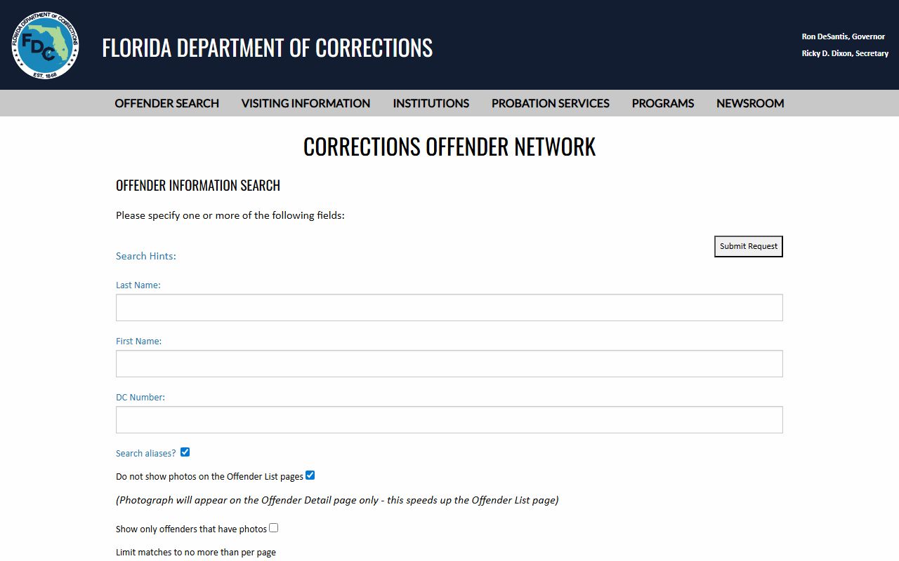 Florida Department of Corrections offender search portal for sentenced inmates from Volusia County